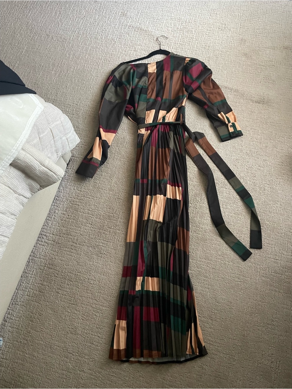 Multi-Color Pleated Long Sleeve Maxi Dress with Belt